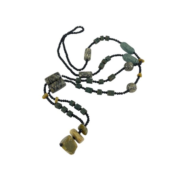 Natural Stone Beaded Necklace With Green & Yellow Gemstones Boho Tribal - Picture 1 of 5